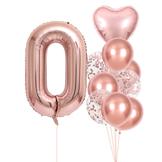 Set 10 Baloane Folie si Latex, Tematica Aniversare, Baloane Latex 25cm, Figurina Inimioara 45 cm, Cifra 0 de 81 cm, Ambalaj Individual, Pai Inclus, Umflare cu Aer sau Heliu, Roz Pal