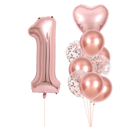 Set 10 Baloane Folie si Latex, Tematica Aniversare, Baloane Latex 25cm, Figurina Inimioara 45 cm, Cifra 1 de 81 cm, Ambalaj Individual, Pai Inclus, Umflare cu Aer sau Heliu, Roz Pal