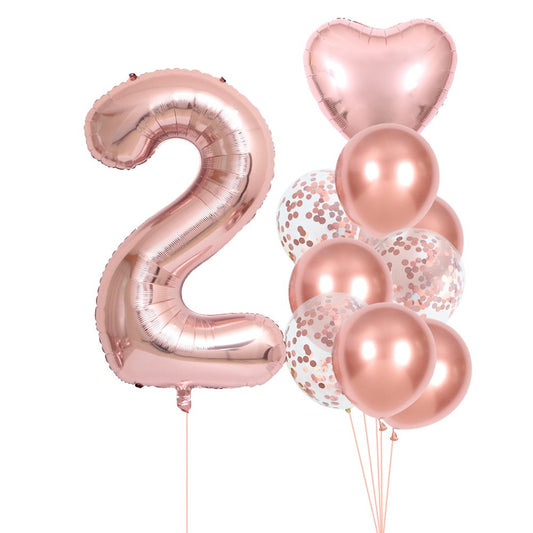 Set 10 Baloane Folie si Latex, Tematica Aniversare, Baloane Latex 25cm, Figurina Inimioara 45 cm, Cifra 2 de 81 cm, Ambalaj Individual, Pai Inclus, Umflare cu Aer sau Heliu, Roz Pal