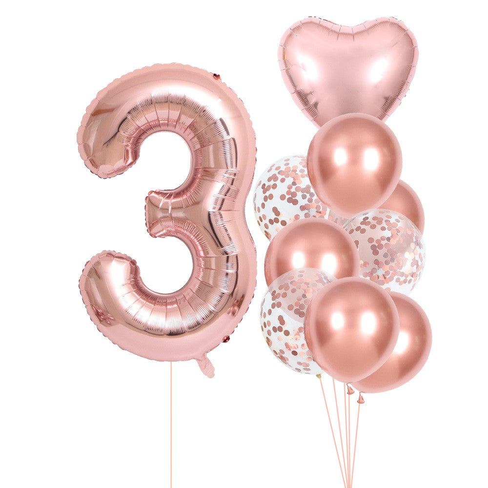 Set 10 Baloane Folie si Latex, Tematica Aniversare, Baloane Latex 25cm, Figurina Inimioara 45 cm, Cifra 3 de 81 cm, Ambalaj Individual, Pai Inclus, Umflare cu Aer sau Heliu, Roz Pal