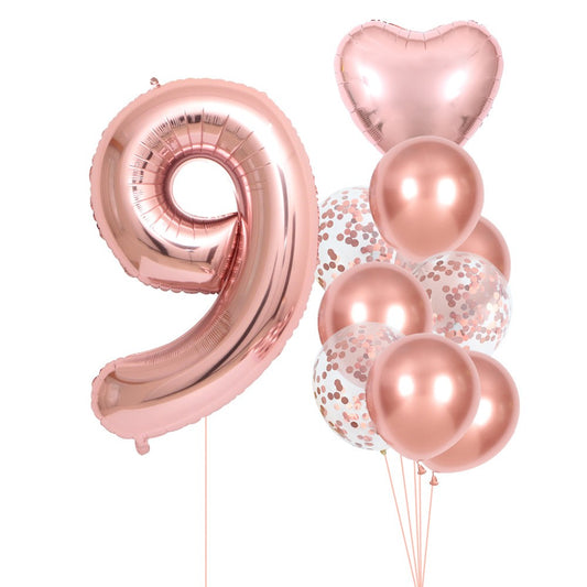 Set 10 Baloane Folie si Latex, Tematica Aniversare, Baloane Latex 25cm, Figurina Inimioara 45 cm, Cifra 9 de 81 cm, Ambalaj Individual, Pai Inclus, Umflare cu Aer sau Heliu, Roz Pal