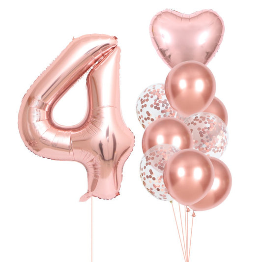 Set 10 Baloane Folie si Latex, Tematica Aniversare, Baloane Latex 25cm, Figurina Inimioara 45 cm, Cifra 4 de 81 cm, Ambalaj Individual, Pai Inclus, Umflare cu Aer sau Heliu, Roz Pal