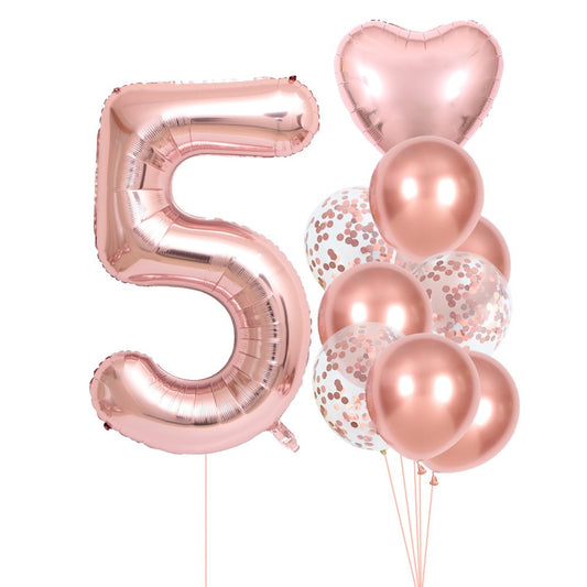 Set 10 Baloane Folie si Latex, Tematica Aniversare, Baloane Latex 25cm, Figurina Inimioara 45 cm, Cifra 5 de 81 cm, Ambalaj Individual, Pai Inclus, Umflare cu Aer sau Heliu, Roz Pal