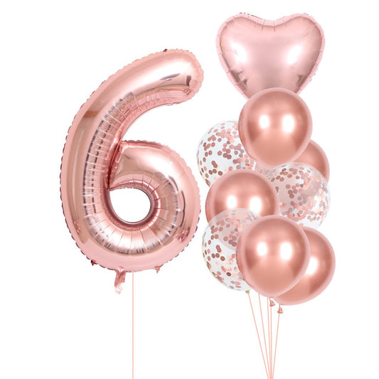 Set 10 Baloane Folie si Latex, Tematica Aniversare, Baloane Latex 25cm, Figurina Inimioara 45 cm, Cifra 6 de 81 cm, Ambalaj Individual, Pai Inclus, Umflare cu Aer sau Heliu, Roz Pal