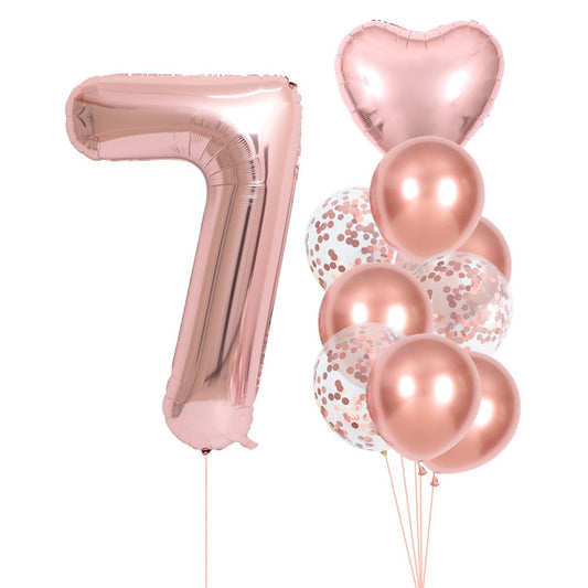 Set 10 Baloane Folie si Latex, Tematica Aniversare, Baloane Latex 25cm, Figurina Inimioara 45 cm, Cifra 7 de 81 cm, Ambalaj Individual, Pai Inclus, Umflare cu Aer sau Heliu, Roz Pal