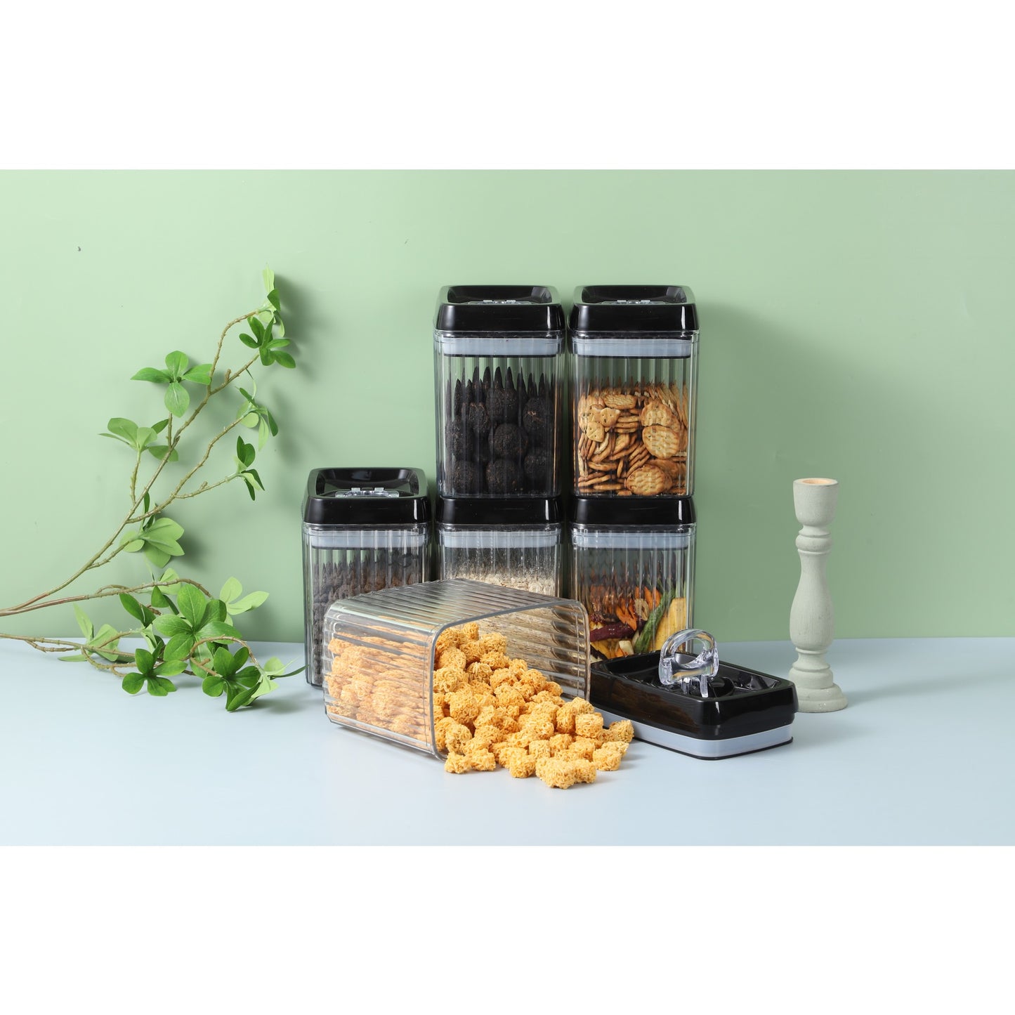 Cutii de Depozitare Alimente, Set din 3 Cutii de tip Container, Recipiente pentru Cereale in Bucatarie, Transparente cu Capac Negru