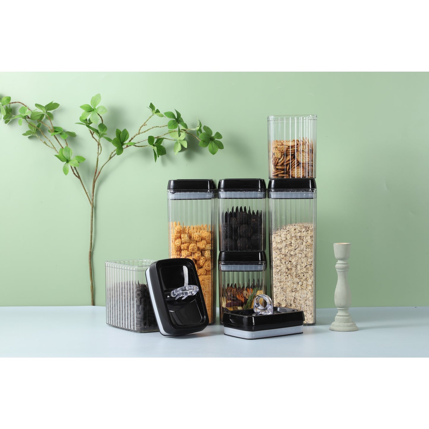 Cutii de Depozitare Alimente, Set din 3 Cutii de tip Container, Recipiente pentru Cereale in Bucatarie, Transparente cu Capac Negru