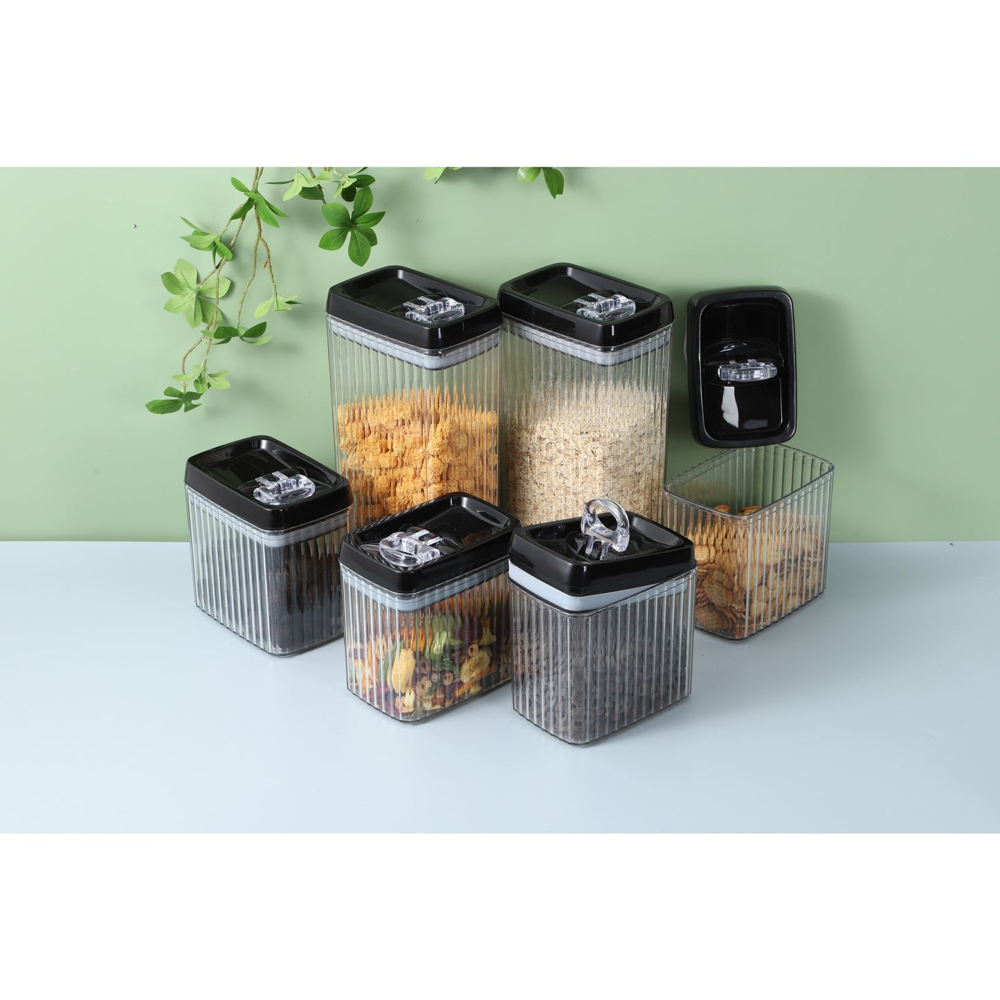 Cutii de Depozitare Alimente, Set din 3 Cutii de tip Container, Recipiente pentru Cereale in Bucatarie, Transparente cu Capac Negru