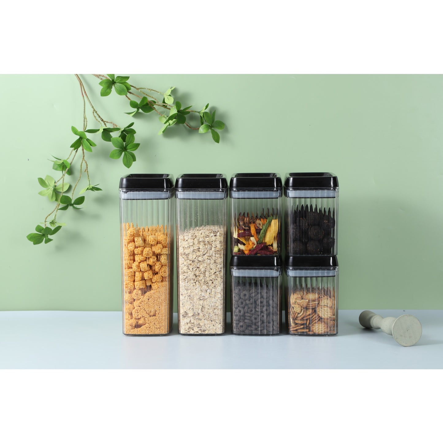 Cutii de Depozitare Alimente, Set din 3 Cutii de tip Container, Recipiente pentru Cereale in Bucatarie, Transparente cu Capac Negru