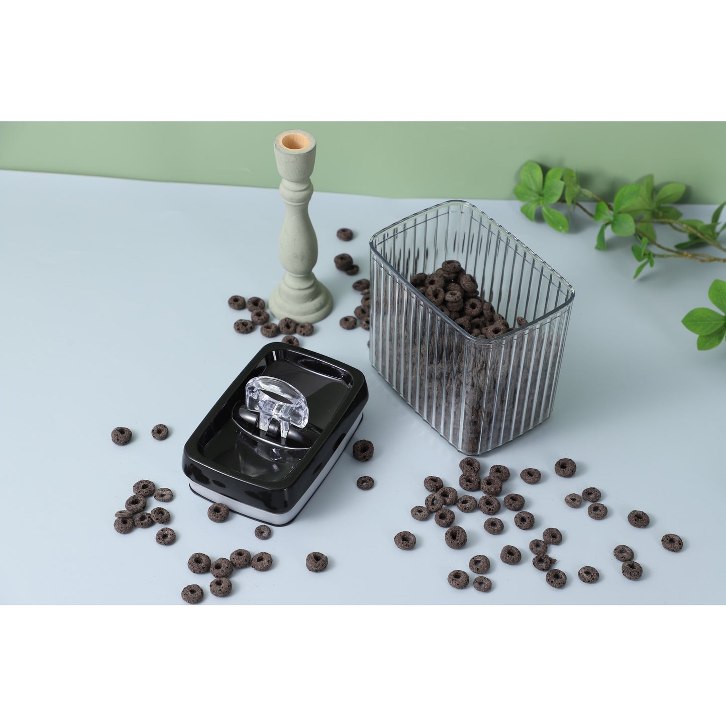 Cutii de Depozitare Alimente, Set din 3 Cutii de tip Container, Recipiente pentru Cereale in Bucatarie, Transparente cu Capac Negru