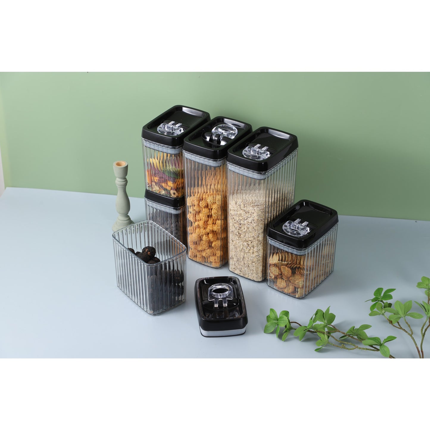 Cutii de Depozitare Alimente, Set din 3 Cutii de tip Container, Recipiente pentru Cereale in Bucatarie, Transparente cu Capac Negru