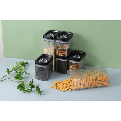Cutii de Depozitare Alimente, Set din 3 Cutii de tip Container, Recipiente pentru Cereale in Bucatarie,  Transparente cu Capac Negru