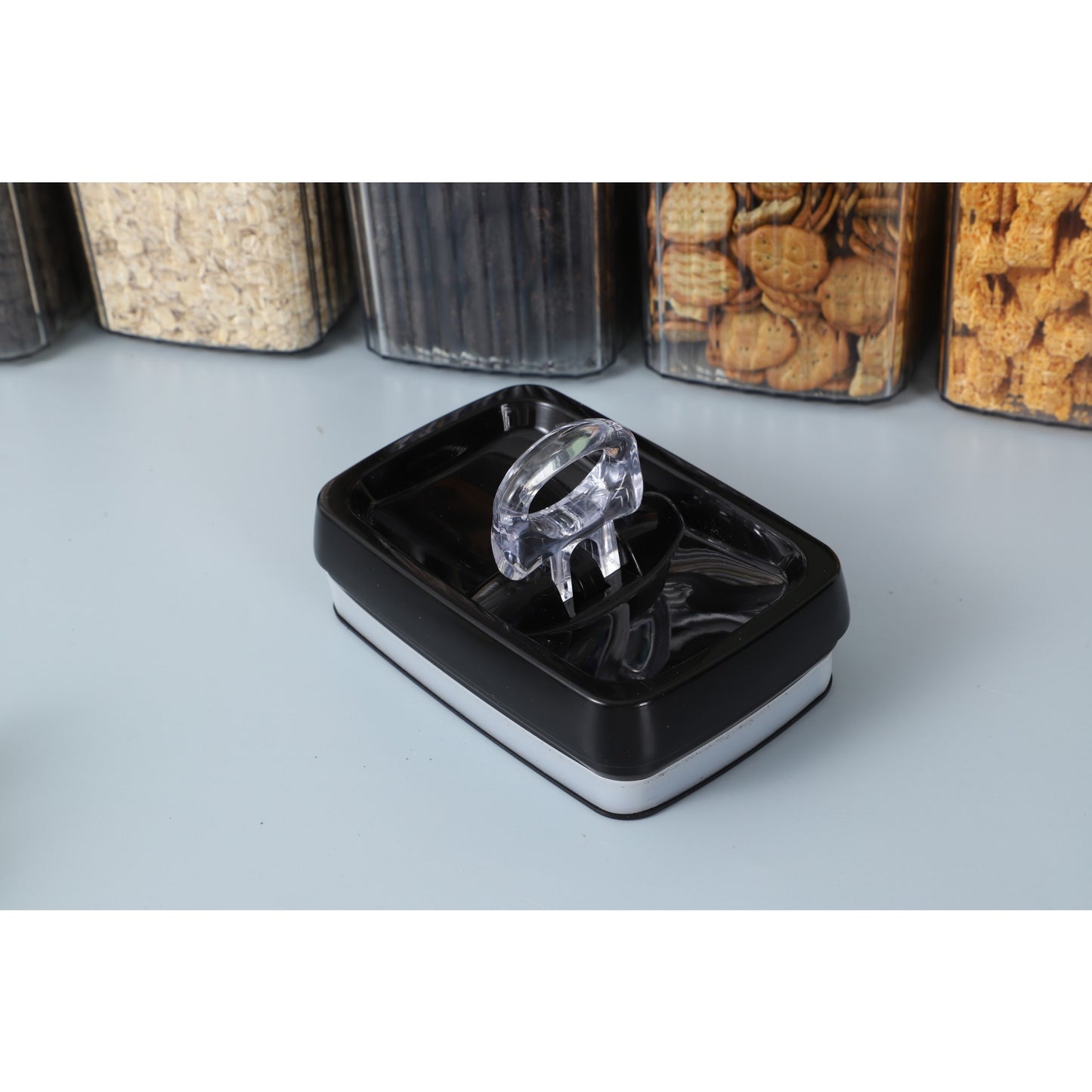 Cutii de Depozitare Alimente, Set din 3 Cutii de tip Container, Recipiente pentru Cereale in Bucatarie, Transparente cu Capac Negru
