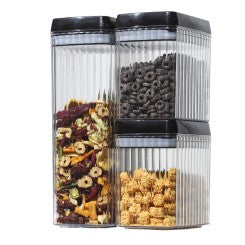 Cutii de Depozitare Alimente, Set din 3 Cutii de tip Container, Recipiente pentru Cereale in Bucatarie,  Transparente cu Capac Negru