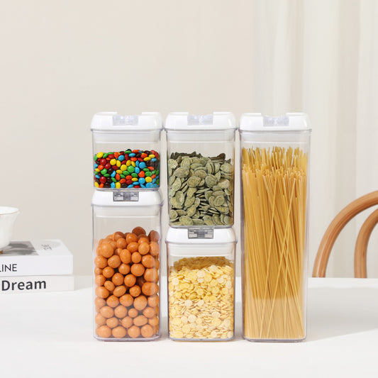 Cutii de Depozitare Alimente, set din 5 Cutii pentru Condimente, Volumetrie 0.5l, 0.8l, 1.2l, 1.9l, Transparente cu Capac Alb