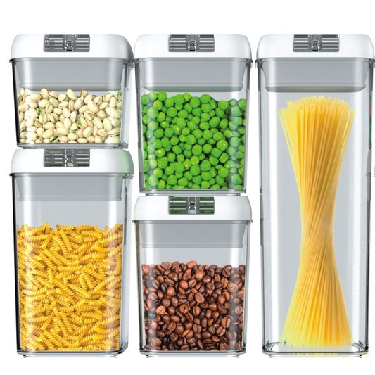 Cutii de Depozitare Alimente, set din 5 Cutii pentru Condimente, Volumetrie 0.5l, 0.8l, 1.2l, 1.9l, Transparente cu Capac Alb