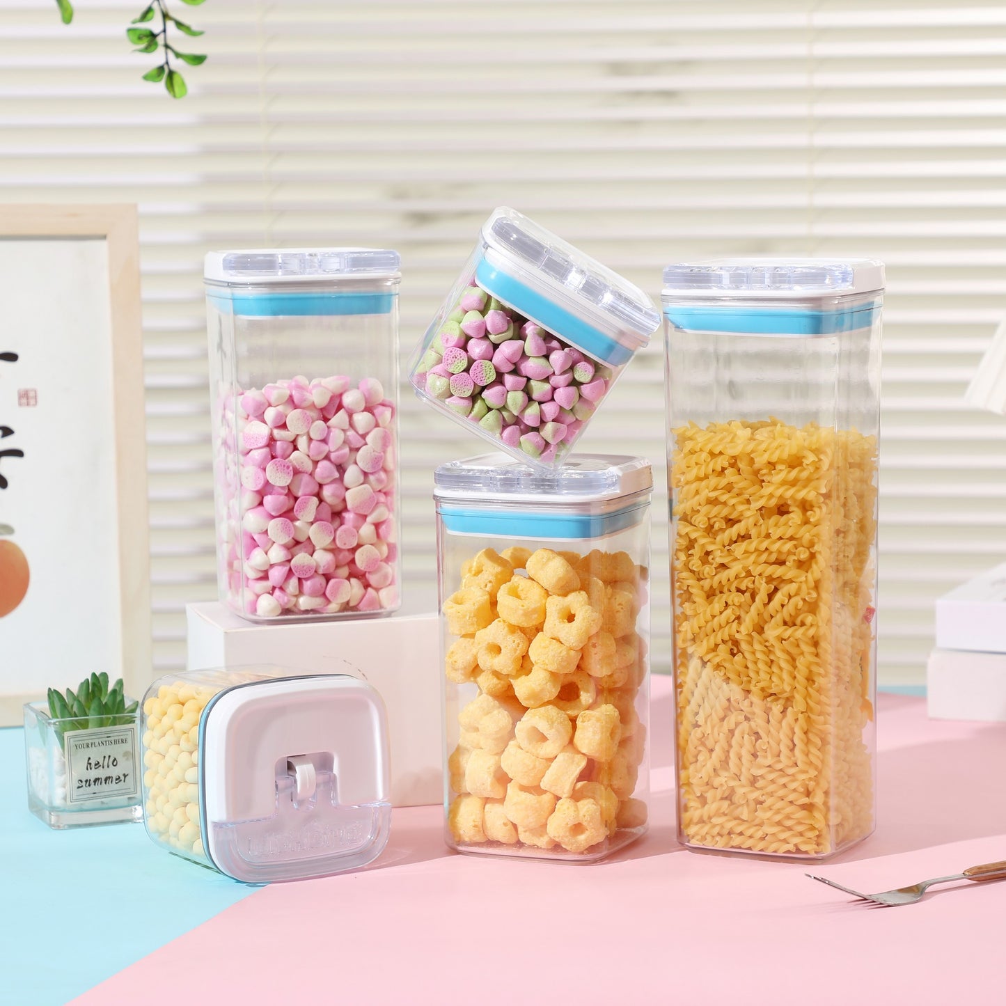 Cutii de Depozitare Alimente, Set din 5 Cutii de tip Container, 1x0.5 l, 2x0.8 l, 1x1.2 l, 1x1.9 l, Recipiente pentru Cereale in Bucatarie, Transparente cu Capac Albastru-Alb
