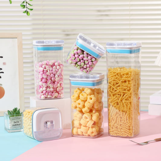 Cutii de Depozitare Alimente, Set din 5 Cutii de tip Container, 1x0.5 l, 2x0.8 l, 1x1.2 l, 1x1.9 l, Recipiente pentru Cereale in Bucatarie,  Transparente cu Capac Albastru-Alb
