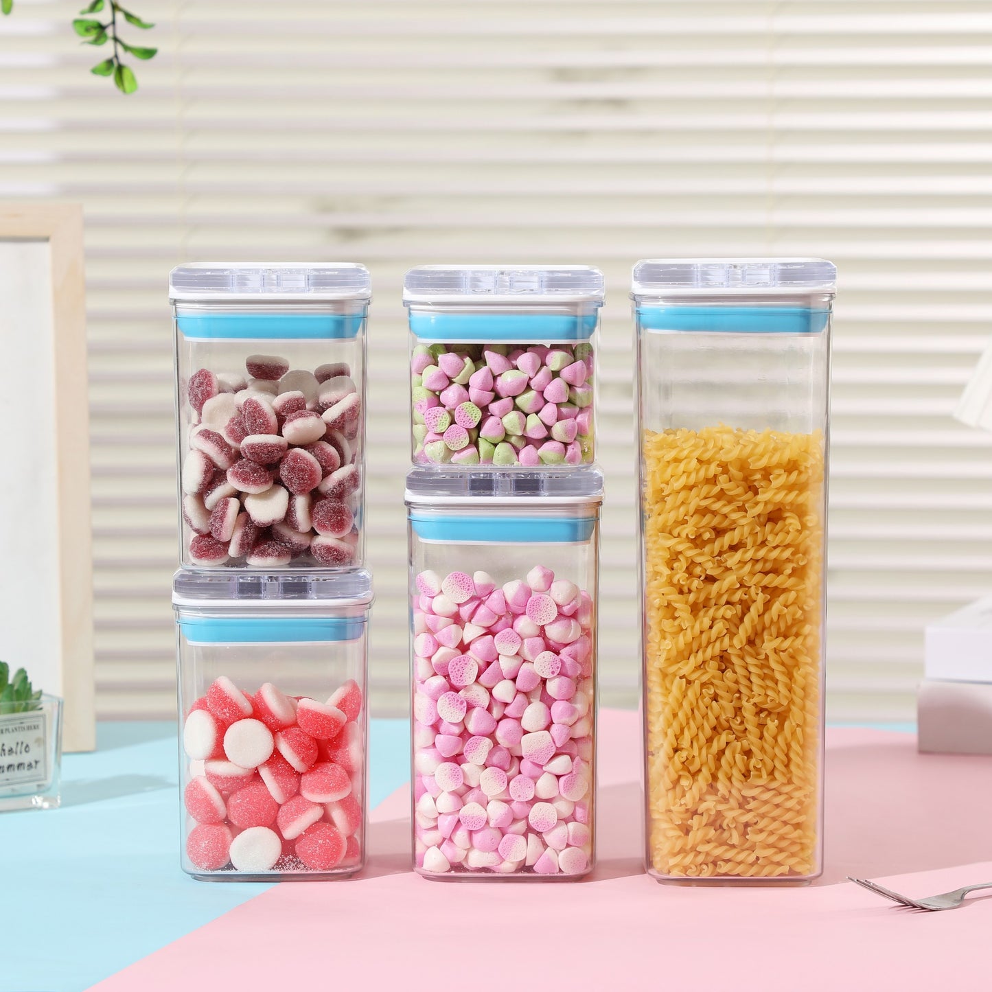 Cutii de Depozitare Alimente, Set din 5 Cutii de tip Container, 1x0.5 l, 2x0.8 l, 1x1.2 l, 1x1.9 l, Recipiente pentru Cereale in Bucatarie, Transparente cu Capac Albastru-Alb