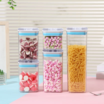 Cutii de Depozitare Alimente, Set din 5 Cutii de tip Container, 1x0.5 l, 2x0.8 l, 1x1.2 l, 1x1.9 l, Recipiente pentru Cereale in Bucatarie,  Transparente cu Capac Albastru-Alb