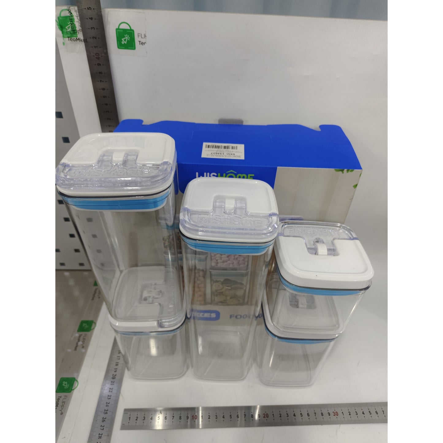 Cutii de Depozitare Alimente, Set din 5 Cutii de tip Container, 1x0.5 l, 2x0.8 l, 1x1.2 l, 1x1.9 l, Recipiente pentru Cereale in Bucatarie, Transparente cu Capac Albastru-Alb