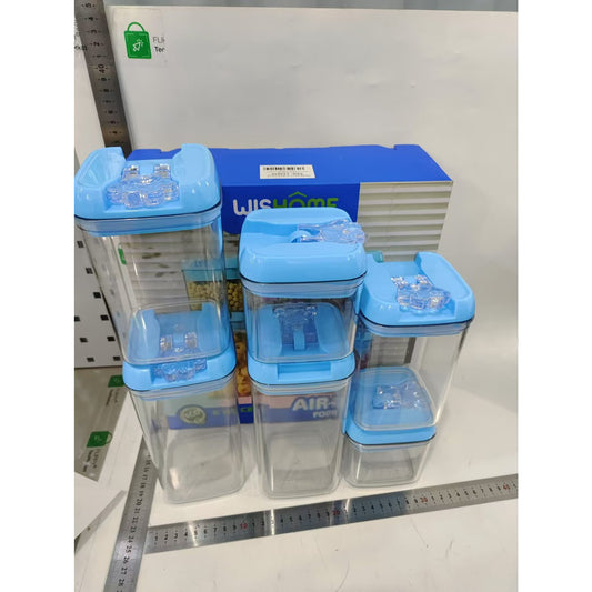 Cutii de Depozitare Alimente, Set din 6 Cutii de tip Container, 2x0.5 l, 2x0.8 l, 2x1.2 l, Recipiente pentru Cereale in Bucatarie,  Transparente cu Capac Albastru