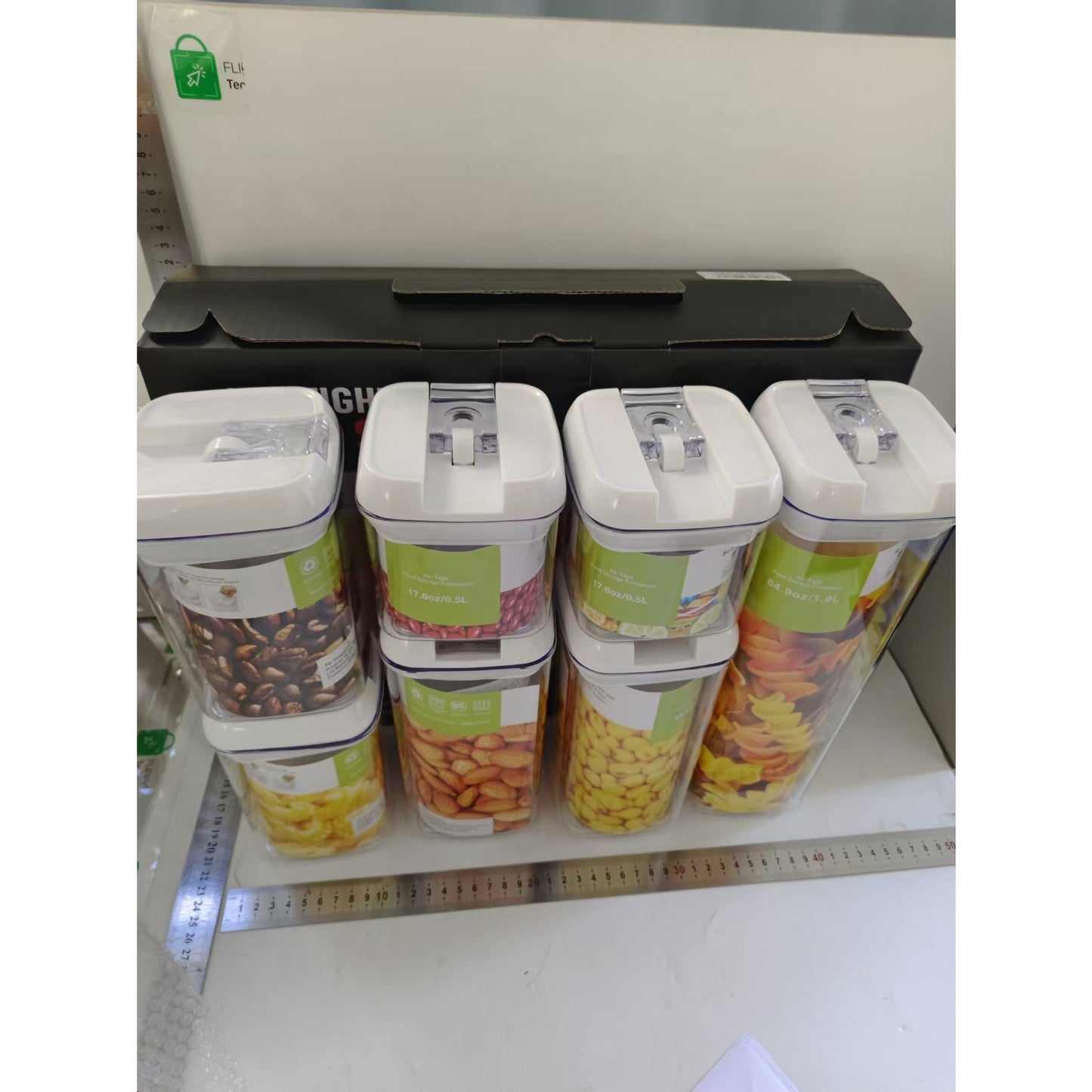 Set 7 cutii de depozitare alimente, condimente, diferite dimensiuni, Transparente-albe