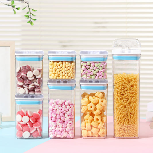 Cutii de Depozitare Alimente, Set din 7 Cutii de tip Container, 2x0.5 l, 2x0.8 l, 2x1.2 l, 1x1.9 l, Recipiente pentru Cereale in Bucatarie,  Transparente cu Capac Albastru-Alb