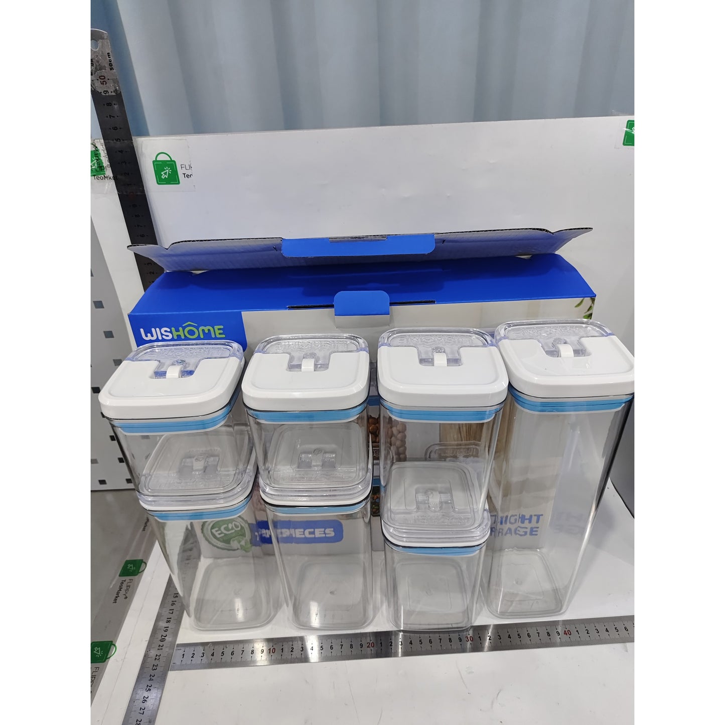 Cutii de Depozitare Alimente, Set din 7 Cutii de tip Container, 2x0.5 l, 2x0.8 l, 2x1.2 l, 1x1.9 l, Recipiente pentru Cereale in Bucatarie,  Transparente cu Capac Albastru-Alb