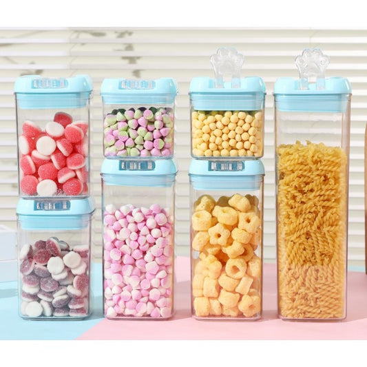 Cutii de Depozitare Alimente, Set din 7 Cutii de tip Container, 2x0.5 l, 2x0.8 l, 2x1.2 l, 1x1.9 l, Recipiente pentru Cereale in Bucatarie,  Transparente cu Capac Albastru