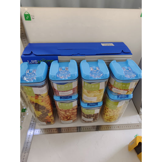 Cutii de Depozitare Alimente, Set din 7 Cutii de tip Container, 2x0.5 l, 2x0.8 l, 2x1.2 l, 1x1.9 l, Recipiente pentru Cereale in Bucatarie,  Transparente cu Capac Albastru