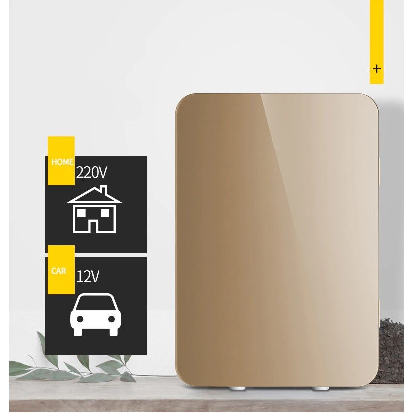 Mini frigider cosmetice, dubla functie de incalzire/racire, portabil, Exterior -19x28x26 cm, Interior - 14x24x15, cm 8L, gold
