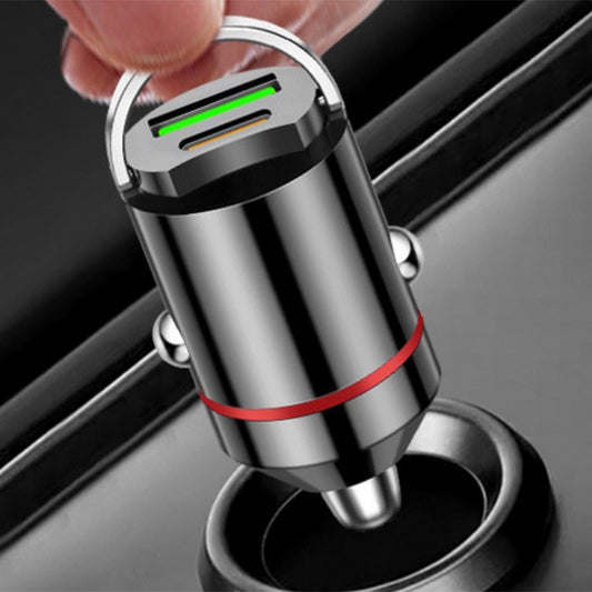 Adaptor Auto 2 in 1, din Aliaj, Port TYPE-C, PORT USB, 100 W, Inel Metalic de Tragere, practic Invizibil, Incarcare Mega Rapida, Negru