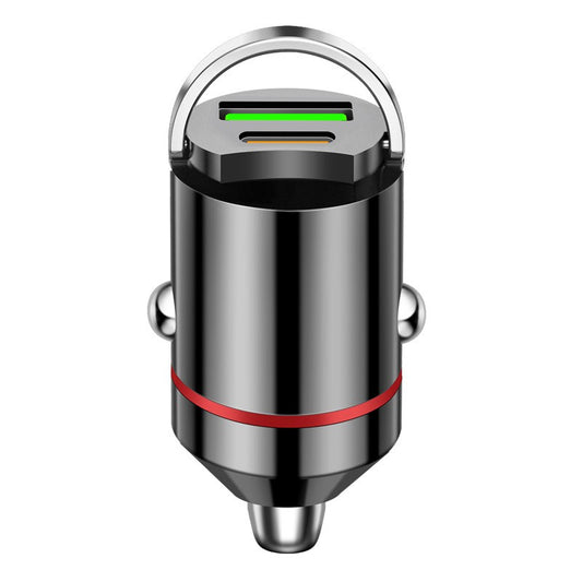 Adaptor Auto 2 in 1, din Aliaj, Port TYPE-C, PORT USB, 100 W, Inel Metalic de Tragere, practic Invizibil, Incarcare Mega Rapida, Negru