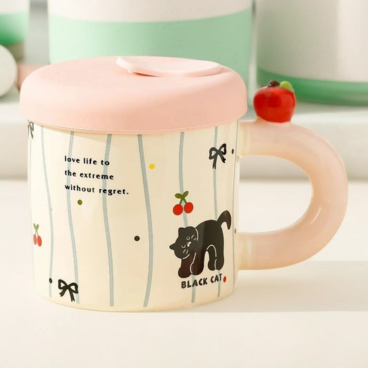 Cana din Ceramica cu Capac si Pai, Capacul si Paiul din Silicon Roz, 9x8.5 cm, Model Cute A, Capacitate 380ml
