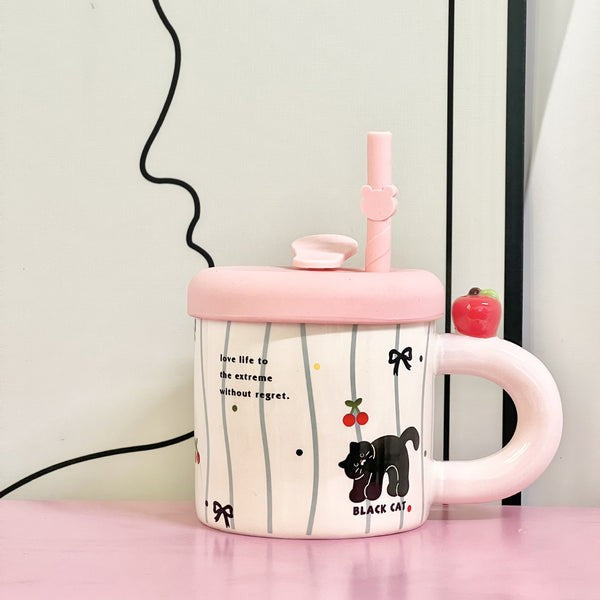 Cana din Ceramica cu Capac si Pai, Capacul si Paiul din Silicon Roz, 9x8.5 cm, Model Cute A, Capacitate 380ml