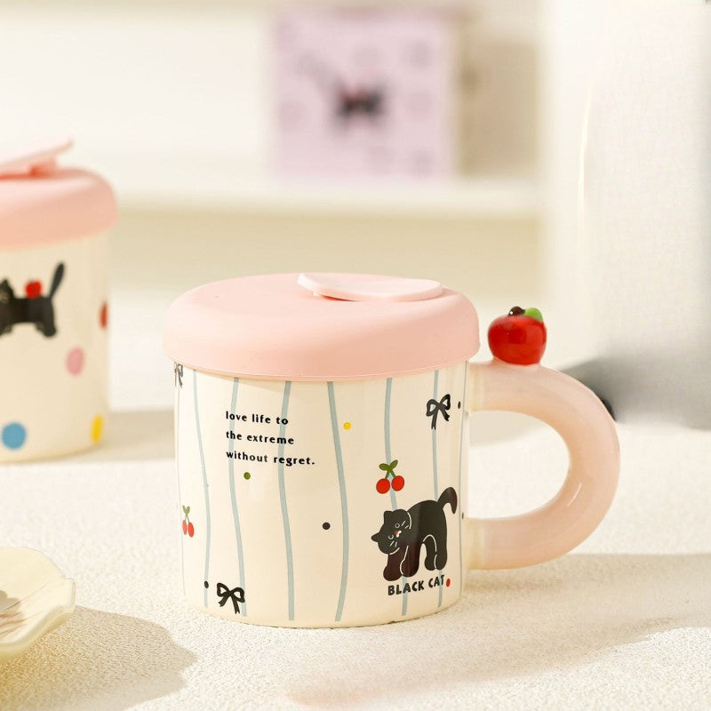 Cana din Ceramica cu Capac si Pai, Capacul si Paiul din Silicon Roz, 9x8.5 cm, Model Cute A, Capacitate 380ml