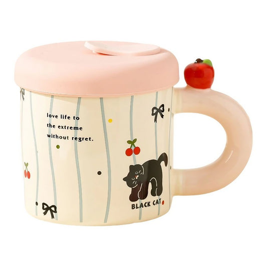 Cana din Ceramica cu Capac si Pai, Capacul si Paiul din Silicon Roz, 9x8.5 cm, Model Cute A, Capacitate 380ml