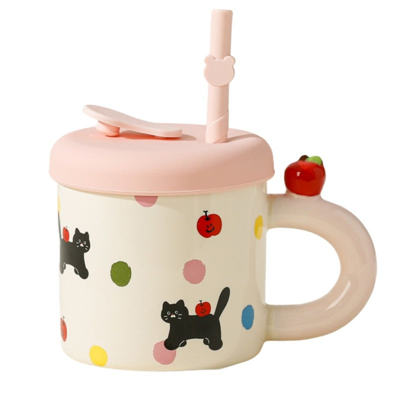 Cana din Ceramica cu Capac si Pai, Capacul si Paiul din Silicon Roz, 9x8.5 cm, Model Cute B, Capacitate 380ml