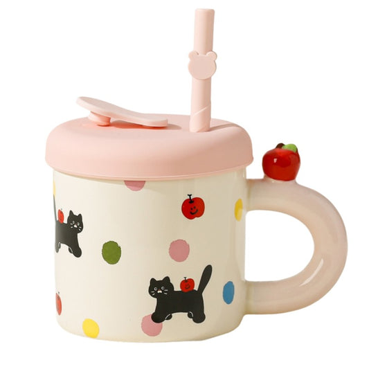 Cana din Ceramica cu Capac si Pai, Capacul si Paiul din Silicon Roz, 9x8.5 cm, Model Cute B, Capacitate 380ml