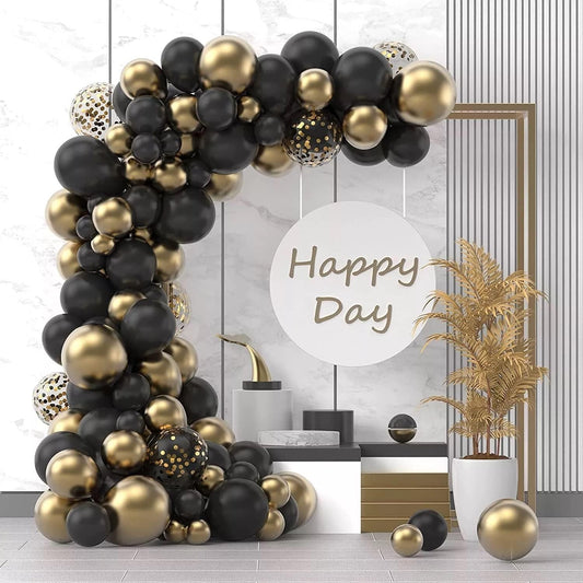 Baloane decorative pentru Nunta, Zi de Nastere, Evenimente, Arcada Set din 120 baloane, din latex, baloane cu confetii, Negru Auriu