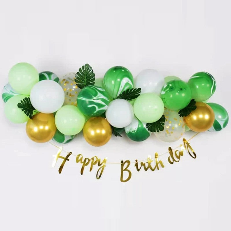 Baloane decorative din Latex si Banner Happy Birthday, Model Aniversare, Set 37 de Piese, Verde, Auriu, Alb
