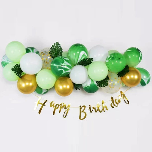 Baloane decorative din Latex si Banner Happy Birthday, Model Aniversare, Set 37 de Piese, Verde, Auriu, Alb