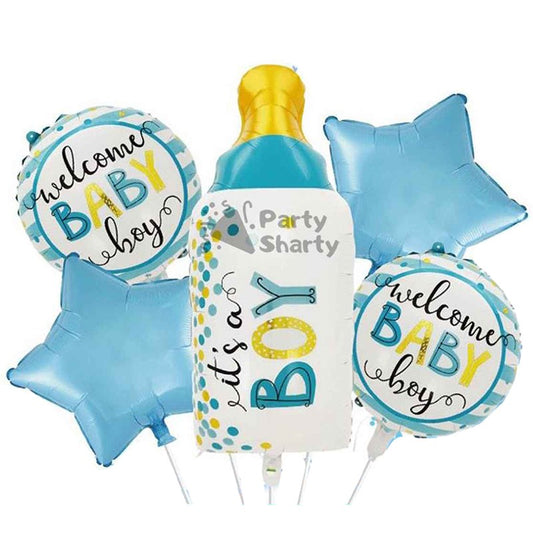 Baloane decorative GENDER REVEAL PARTY, Figurina Sticla, Model IT'S A BOY, Set din 5 baloane, 40 x 77 cm, pentru Botez, Albastru