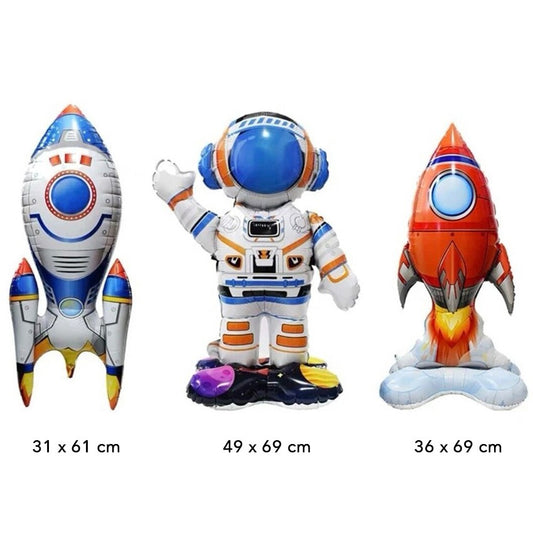 Baloane din Folie Metalizata, set 3 Baloane pentru Baieti, Model Astronaut 49 x 69 cm, Racheta Alba 31 x 61 cm, Racheta Rosie 36 x 69 cm, Pai din carton inclus, Multicolor
