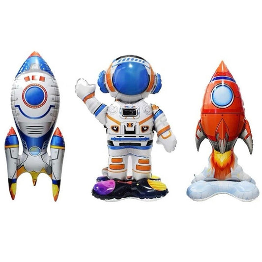 Baloane din Folie Metalizata, set 3 Baloane pentru Baieti, Model Astronaut 49 x 69 cm, Racheta Alba 31 x 61 cm, Racheta Rosie 36 x 69 cm, Pai din carton inclus, Multicolor