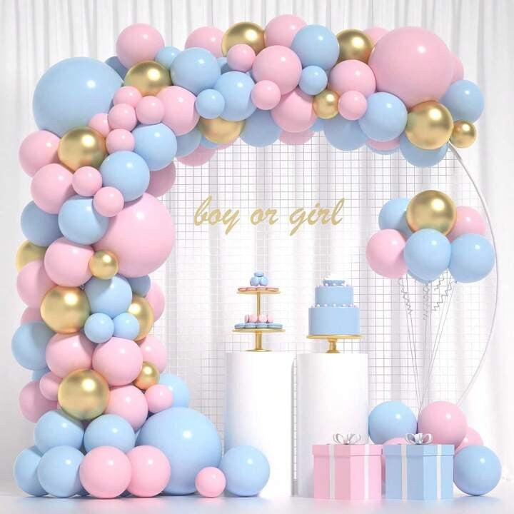 Baloane decorative pentru BABY SHOWER, Arcada Set 106 baloane din latex, Model Petrecere, Baloane Party, 12 cm, 30 cm, 45 cm, Roz, Albastru, Gold