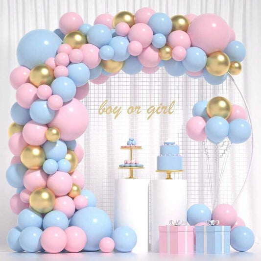 Baloane decorative pentru BABY SHOWER, Arcada Set 106 baloane din latex, Model Petrecere, Baloane Party, 12 cm, 30 cm, 45 cm, Roz, Albastru, Gold