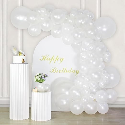 Baloane din Latex pentru Arcada, Set din 120 baloane, Model Party, Botez, Pai transparent si adeziv inclus in cutie, 23 cm, Alb