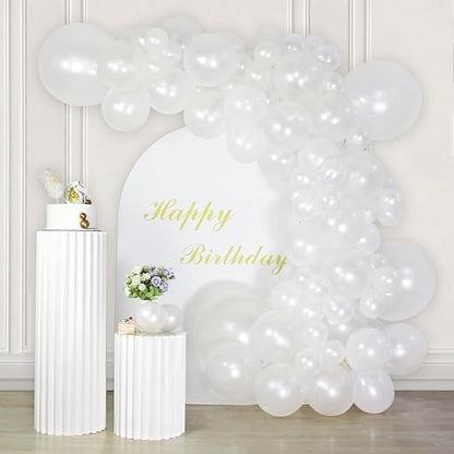 Baloane din Latex pentru Arcada, Set din 120 baloane, Model Party, Botez, Pai transparent si adeziv inclus in cutie, 23 cm, Alb